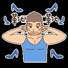 a man in a blue tank top is covering his eyes with his hands surrounded by blue high heels .