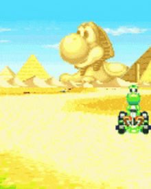 a video game scene with a giant sphinx and a frog in the foreground