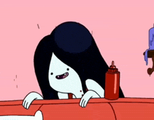 a cartoon character with long hair and a ketchup bottle next to her