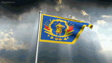 a blue and yellow flag with a man holding a sword and shield on it