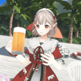 a girl in a red dress is holding a beer