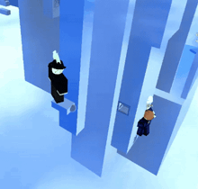 a person in a black outfit is standing in a maze of blue walls