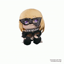 a stuffed doll with purple eyes and a black mask