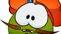 a green cartoon character with a mustache wearing an orange hat