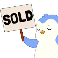 a penguin is holding up a sold sign with its eyes closed