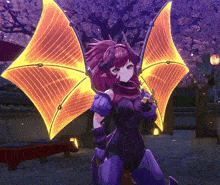 a purple and orange anime character with wings and horns stands in front of a cherry blossom tree