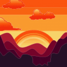 a pixel art of a sunset with mountains in the foreground and a rainbow in the background .