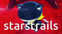 a black and white cat with a yellow scarf and the words starstrails on the bottom
