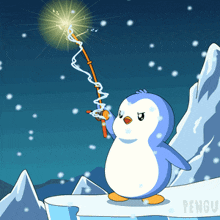a penguin is holding a stick with a light coming out of it and the word pengu on the bottom