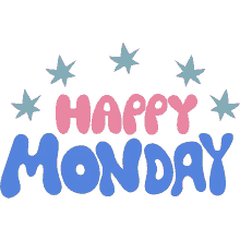 happy monday green stars above happy monday in pink and blue bubble letters good day monday hello