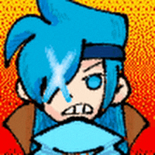 a cartoon character with blue hair and blue eyes