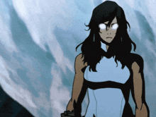 a cartoon of a woman with glowing eyes standing in front of a cloudy sky