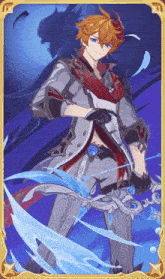 a drawing of a man holding a sword with a red flower in his hair