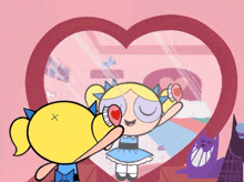 bubbles looks at herself in a heart shaped mirror