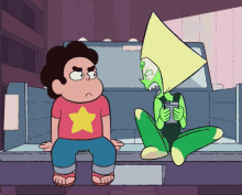 a cartoon character named steven sits next to another character named peridot
