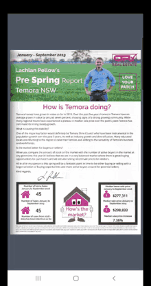 a phone screen shows a pre spring report from lachlan fellows real estate
