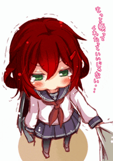 a drawing of a girl with red hair and green eyes with chinese writing below her