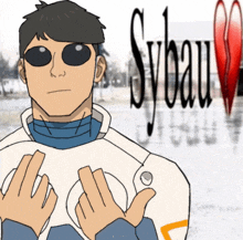 a cartoon of a man wearing sunglasses and giving the middle finger in front of the word sybau