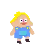 a pixel art drawing of a baby wearing blue overalls and a pink nose .