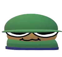 a cartoon character wearing a green hat and a green scarf