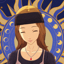 a woman wearing a headband and a necklace smiles in front of a sun and moon