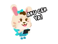 a cartoon of a rabbit holding a cell phone with aku cek ya written above it