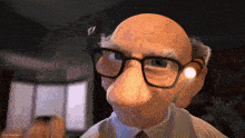 a close up of an old man with glasses and a disney pixar logo behind him