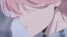 a close up of a pink haired anime character 's face