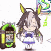 a cartoon character is standing next to a jukebox and smiling .