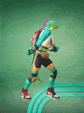 a cartoon character with a lizard head and a backpack