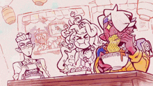 a cartoon drawing of a group of people eating ramen with chopsticks