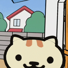 a cartoon of a cat looking out a window at a house