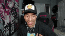 a man wearing a hat with a target on it