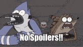 a cartoon character says no spoilers in a dark room