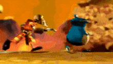 a couple of cartoon characters are fighting each other on a yellow background .
