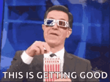 Stephen Colbert Popcorn GIF - Stephen Colbert Popcorn 3d Glasses GIFs