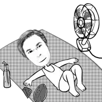 a black and white drawing of a man laying on a checkered blanket next to a fan