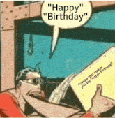 a cartoon of a man driving a car with a speech bubble that says " happy birthday "