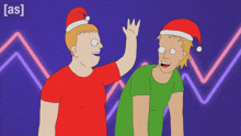 a cartoon of two men wearing santa hats with the letters a and s on the bottom right