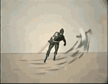 a black and white drawing of a man in a superhero costume reaching out towards something .