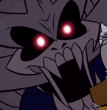 a cartoon skeleton with red eyes is holding a piece of paper in his mouth .