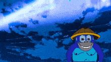 a blue cartoon character with a yellow hat on