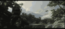 a painting of a mountain with trees and a plane in the background