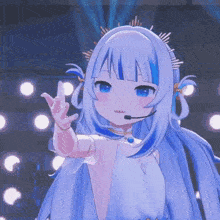 a blue haired anime girl with a microphone in her mouth
