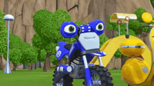 a cartoon character is riding a motorcycle in a park