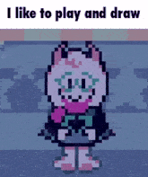 a pixel art of a cat with the words i like to play and draw