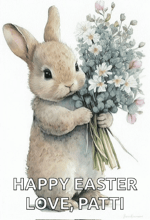 a picture of a bunny holding a bouquet of flowers with the words happy easter love patti below it