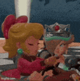 a couple of cartoon characters are standing next to each other . one of the characters is wearing a crown .