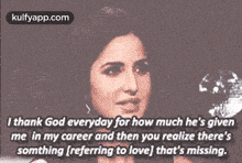 a woman is crying and talking about how much god has given her in her career .