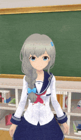 a girl with gray hair and blue eyes is standing in front of a blackboard